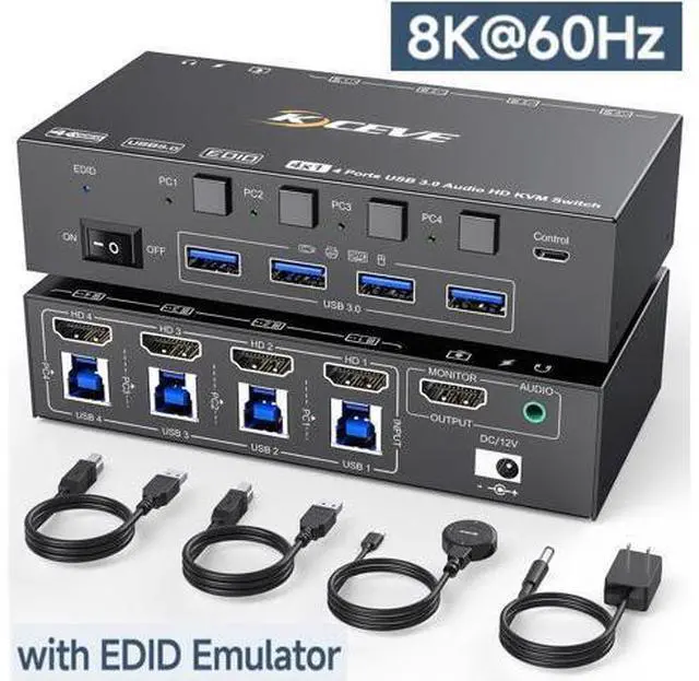 Main image of AUTYUE 8K@60Hz KVM Switch HDMI 4 Port, 4 PC 1 Monitor HDMI KVM Switch 4 in 1 Out, EDID Simulation, For 4 Computers Share 1 Monitor and 4 USB 3.0 Port, with Wired Remote, Power Adapter & USB 3.0 Cable