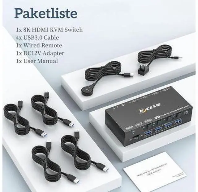 Alt view image 7 of 7 - AUTYUE 8K@60Hz KVM Switch HDMI 4 Port, 4 PC 1 Monitor HDMI KVM Switch 4 in 1 Out, EDID Simulation, For 4 Computers Share 1 Monitor and 4 USB 3.0 Port, with Wired Remote, Power Adapter & USB 3.0 Cable