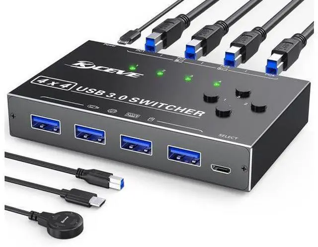 Main image of USB 3.0 Switch 4 Computers, 4 Port USB 3.0 Switch Selector for 4 Computer Share 4 USB Devices, Keyboard Mouse Switch, 4 in 4 Out USB Switcher with Wired Remote and 4 Standard USB-B Cables