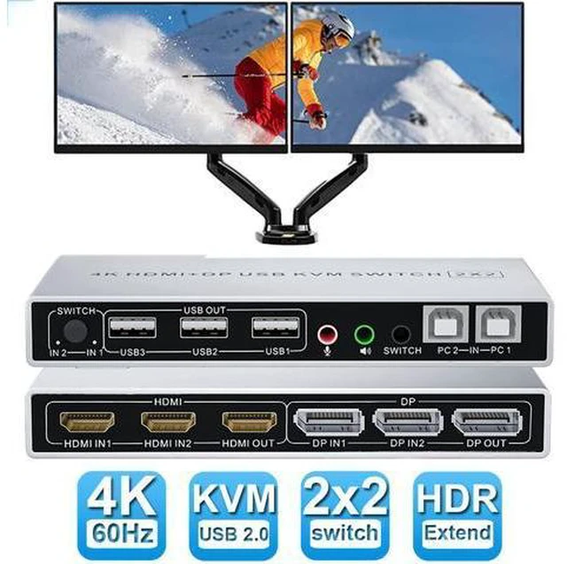 Main image of Dual Monitor DisplayPort HDMI KVM Switch 4K @60Hz, 2-Port Extended Display 2 in 2 Out Displayport and HDMI KVM Switch 2 Computers2 Monitors , with 3xUSB, Audio Port, Included 2xUSB Cables, Controller