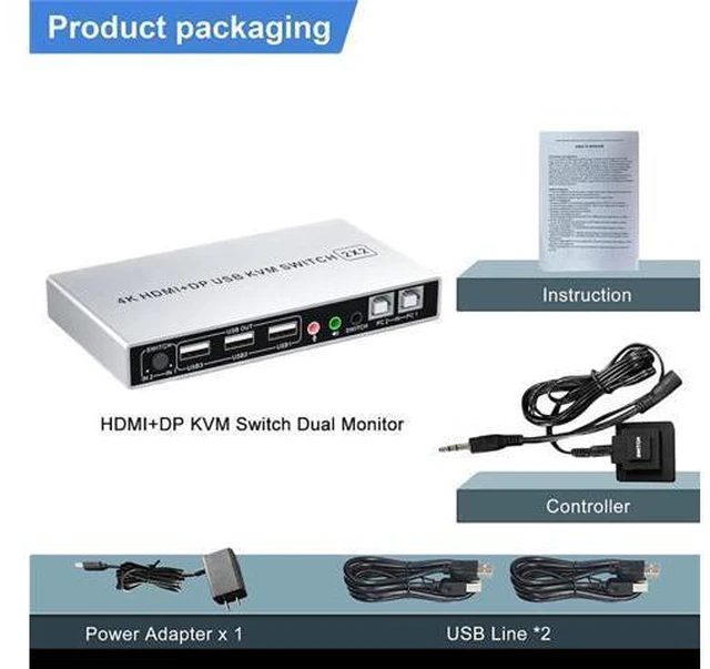 Alt view image 7 of 7 - Dual Monitor DisplayPort HDMI KVM Switch 4K @60Hz, 2-Port Extended Display 2 in 2 Out Displayport and HDMI KVM Switch 2 Computers2 Monitors , with 3xUSB, Audio Port, Included 2xUSB Cables, Controller