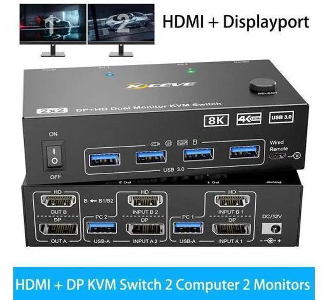Main image of AUTYUE HDMI + Displayport KVM Switch 2 Monitors 2 Computers 8K@60Hz 4K@144Hz,Dual Monitor KVM Switch with 4 USB 3.0 Port for Keyboard Mouse Printer, Wired Remote, Power Adapter and USB Cables Included