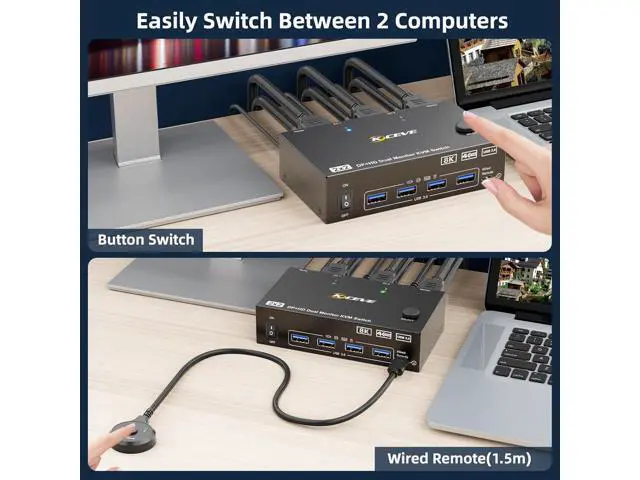 Alt view image 4 of 7 - AUTYUE HDMI + Displayport KVM Switch 2 Monitors 2 Computers 8K@60Hz 4K@144Hz,Dual Monitor KVM Switch with 4 USB 3.0 Port for Keyboard Mouse Printer, Wired Remote, Power Adapter and USB Cables Included
