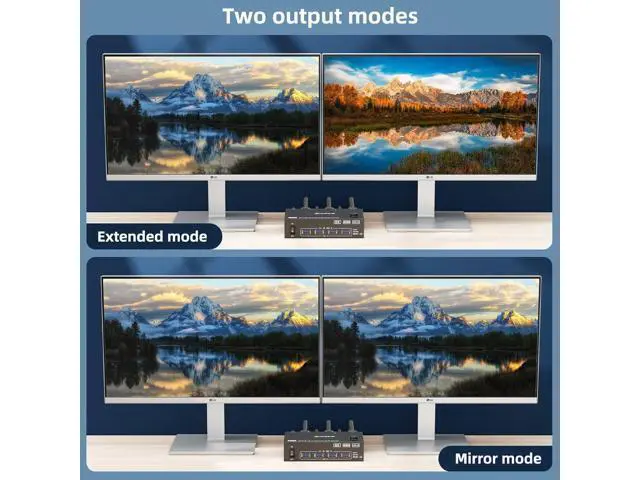 Alt view image 7 of 7 - AUTYUE HDMI + Displayport KVM Switch 2 Monitors 2 Computers 8K@60Hz 4K@144Hz,Dual Monitor KVM Switch with 4 USB 3.0 Port for Keyboard Mouse Printer, Wired Remote, Power Adapter and USB Cables Included