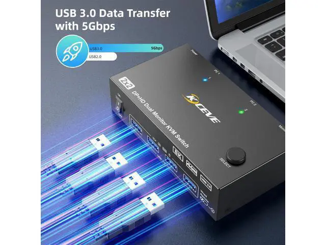 Alt view image 6 of 7 - AUTYUE HDMI + Displayport KVM Switch 2 Monitors 2 Computers 8K@60Hz 4K@144Hz,Dual Monitor KVM Switch with 4 USB 3.0 Port for Keyboard Mouse Printer, Wired Remote, Power Adapter and USB Cables Included