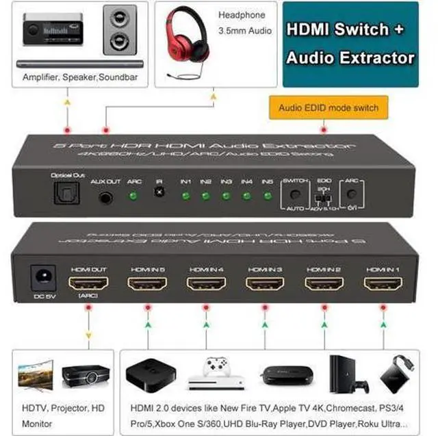 Alt view image 3 of 7 - 4K@60Hz HDMI 2.0 Switch Audio Extractor with Optical + 3.5mm AUX Output, 5 Ports HDMI Switch, Premium 5 in 1 Out HDMI Switcher Converter Support ARC, HDCP 2.2, HDR10, 18Gbps, D-o-lby Vision, D-ol-by