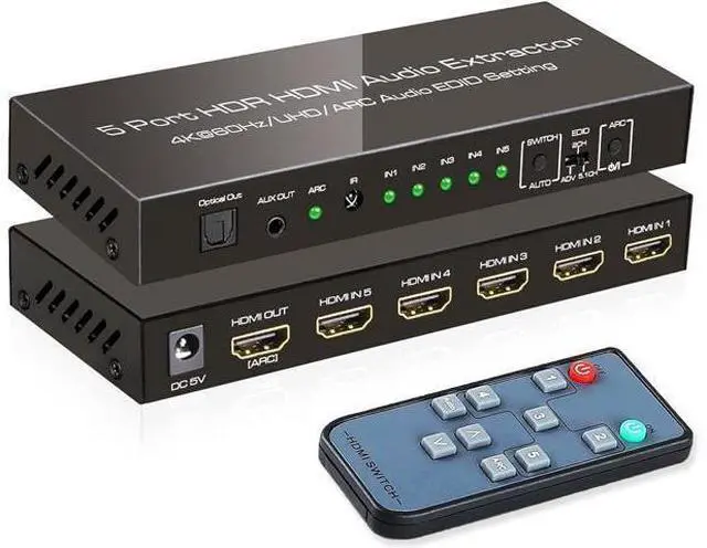 Main image of 4K@60Hz HDMI 2.0 Switch Audio Extractor with Optical + 3.5mm AUX Output, 5 Ports HDMI Switch, Premium 5 in 1 Out HDMI Switcher Converter Support ARC, HDCP 2.2, HDR10, 18Gbps, D-o-lby Vision, D-ol-by