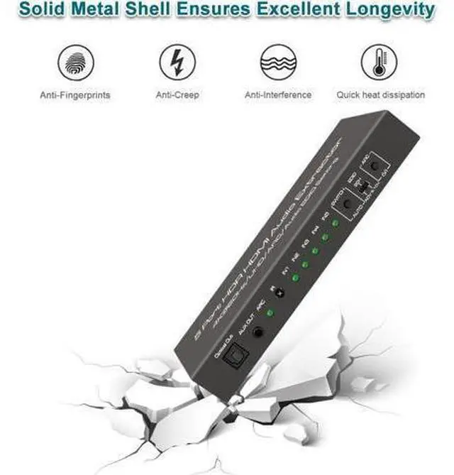 Alt view image 6 of 7 - 4K@60Hz HDMI 2.0 Switch Audio Extractor with Optical + 3.5mm AUX Output, 5 Ports HDMI Switch, Premium 5 in 1 Out HDMI Switcher Converter Support ARC, HDCP 2.2, HDR10, 18Gbps, D-o-lby Vision, D-ol-by