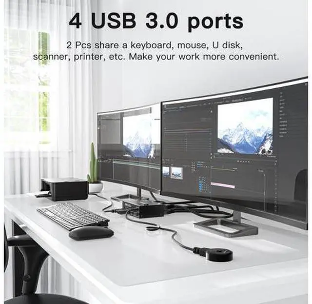 Alt view image 6 of 7 - USB 3.0 HDMI KVM Switch for 2 Computers 2 Monitors 4K@60Hz 2K@144Hz, EDID Emulator, Dual Monitor HDMI KVM Switch for 2 PC Share 2 Displays and 4 USB 3.0 Ports, Wired Remote and USB Cables Included