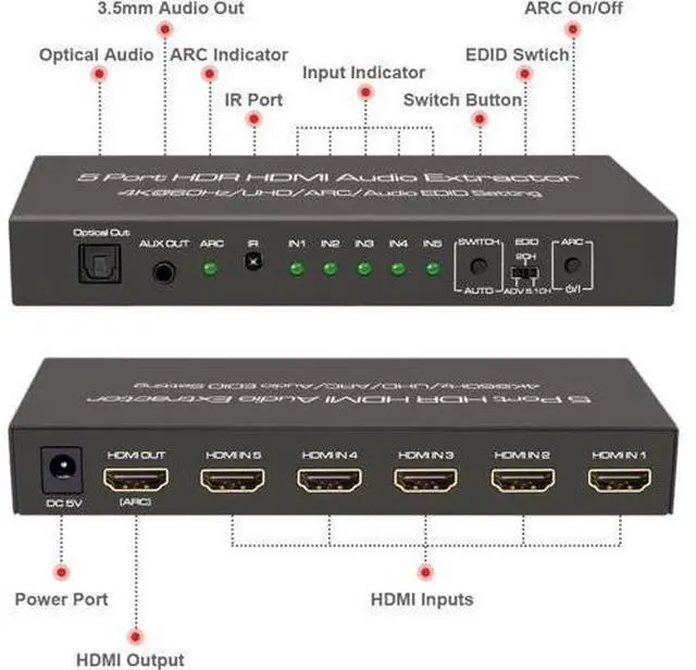 Alt view image 7 of 7 - 4K@60Hz HDMI 2.0 Switch Audio Extractor with Optical + 3.5mm AUX Output, 5 Ports HDMI Switch, Premium 5 in 1 Out HDMI Switcher Converter Support ARC, HDCP 2.2, HDR10, 18Gbps, D-o-lby Vision, D-ol-by