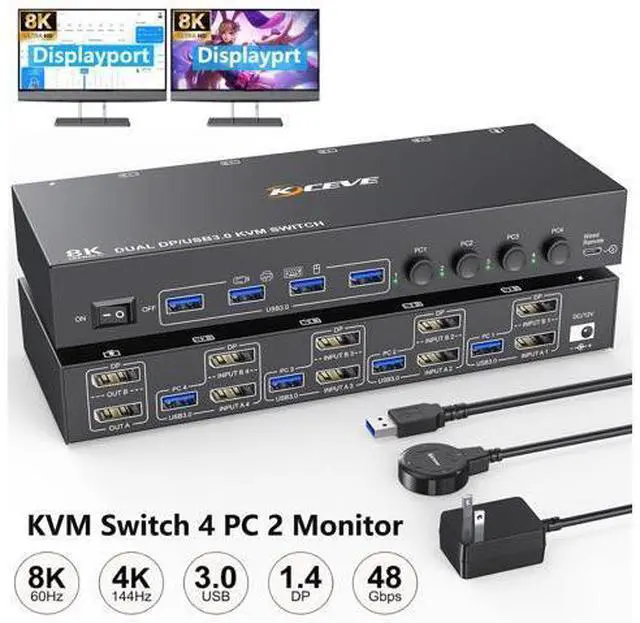 Main image of AUTYUE Displayport KVM Switch 4 Computer 2 Monitors, Dual Monitors Displayport USB 3.0 KVM Switcher, Supports 8K@30Hz 4K@60Hz for 4 DP Computers Share 2 DP Monitors, Keyboard and Mouse
