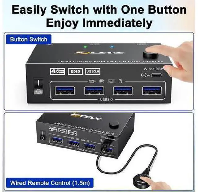 Alt view image 6 of 7 - USB 3.0 HDMI KVM Switch for 2 Computers 2 Monitors 4K@60Hz, EDID Emulator, Dual Monitor HDMI KVM Switch 2 in 2 Out for 2 Computers Share 2 Displays and 4 USB 3.0 Ports,Wired Remote and Cables Included