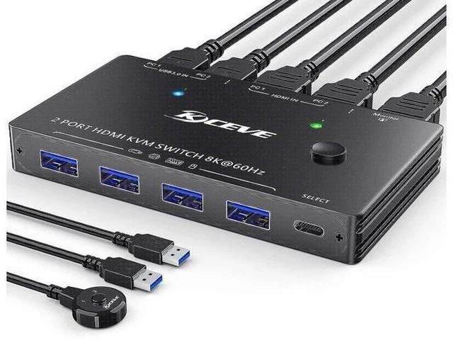 Main image of USB 3.0 HDMI KVM Switch for 2 PC 1 Monitor, 2 Port HDMI KVM Switch 8K @60Hz 4K@120Hz, Support Simulation EDID HDCP 2.3 HDMI2.1, Share USB devices like keyboard and mouse via 4 USB3.0 ports