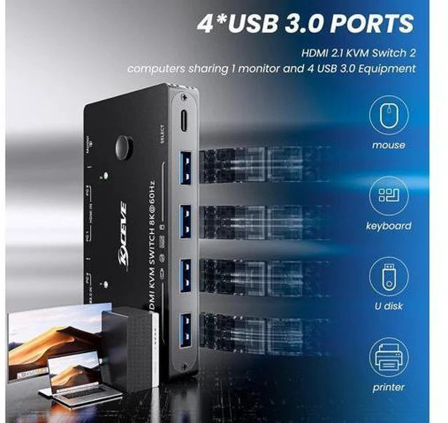Alt view image 5 of 7 - USB 3.0 HDMI KVM Switch for 2 PC 1 Monitor, 2 Port HDMI KVM Switch 8K @60Hz 4K@120Hz, Support Simulation EDID HDCP 2.3 HDMI2.1, Share USB devices like keyboard and mouse via 4 USB3.0 ports