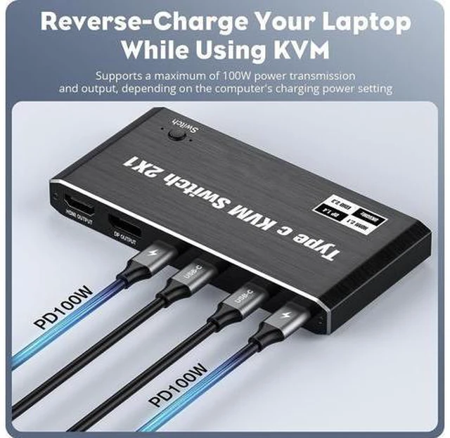 Alt view image 4 of 7 - USB C KVM Switch 2 Port 8K@60Hz 4K@120Hz- with 3 USB 2.0 Ports & 100W Power Delivery, Type C KVM Switch 2x1 for 2 Computers Share 1 Monitor Keyboard & Mouse, Compatible Laptop, with 2 USB C Cables