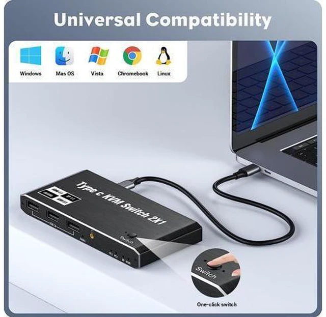 Alt view image 6 of 7 - USB C KVM Switch 2 Port 8K@60Hz 4K@120Hz- with 3 USB 2.0 Ports & 100W Power Delivery, Type C KVM Switch 2x1 for 2 Computers Share 1 Monitor Keyboard & Mouse, Compatible Laptop, with 2 USB C Cables