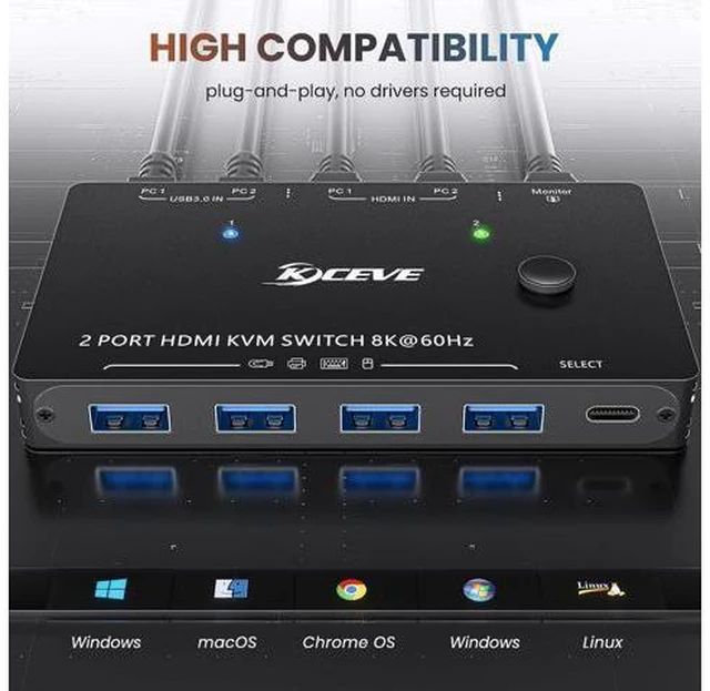 Alt view image 7 of 7 - USB 3.0 HDMI KVM Switch for 2 PC 1 Monitor, 2 Port HDMI KVM Switch 8K @60Hz 4K@120Hz, Support Simulation EDID HDCP 2.3 HDMI2.1, Share USB devices like keyboard and mouse via 4 USB3.0 ports