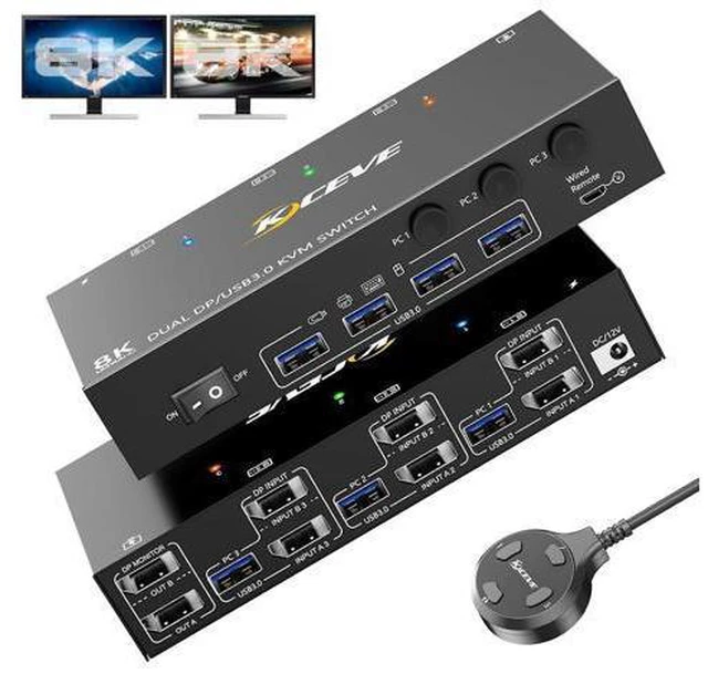 Main image of AUTYUE 8K Displayport KVM Switch 2 Monitors 3 Computer, Dual Monitors USB 3.0 Displayport KVM Switcher, Supports 8K@60Hz for 3 DP Port PC Share 2 DP Monitors, Keyboard and Mouse, included Wired Remote