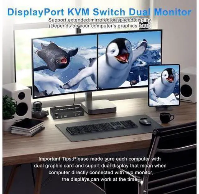 Alt view image 3 of 7 - Dual Monitor DisplayPort KVM Switch 2 in 2 Out, 4K@60Hz Extended Display, 2 Computers 2 Monitors Displayport KVM Switch with Audio Microphone Output and 3 USB Ports, PC Monitor Keyboard Mouse Switcher