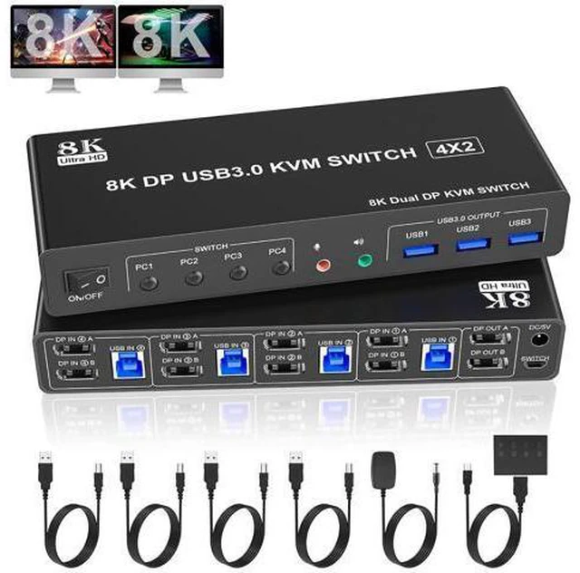 Main image of 8K@60Hz Displayport USB 3.0 KVM Switch for 4 Computer 2 Monitors, Dual Monitor DP1.4 KVM Switch 4 Port with Audio Microphone Output and 3 USB 3.0 Ports, 8K DP Monitor Switch for 4PC 2 Monitor