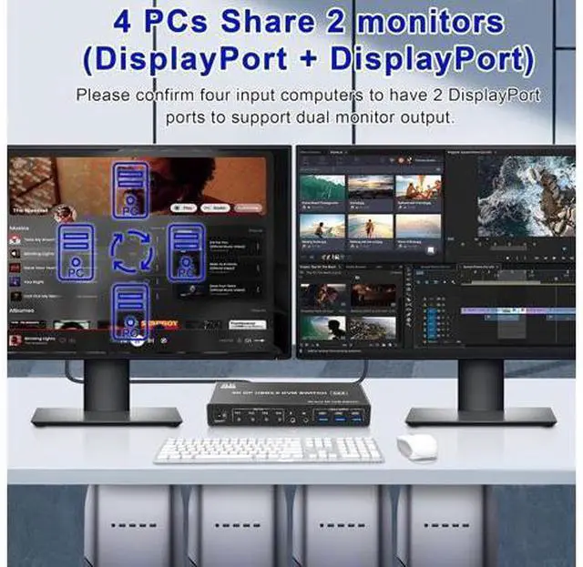 Alt view image 3 of 7 - 8K@60Hz Displayport USB 3.0 KVM Switch for 4 Computer 2 Monitors, Dual Monitor DP1.4 KVM Switch 4 Port with Audio Microphone Output and 3 USB 3.0 Ports, 8K DP Monitor Switch for 4PC 2 Monitor