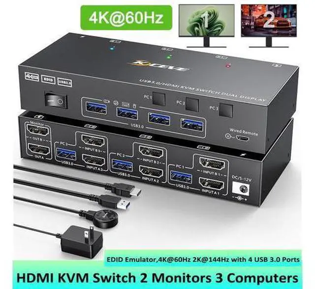 Main image of AUTYUE 3 in 2 Out KVM Switch 2 Monitors 3 Computers 4K@60Hz, EDID Emulator, Dual Monitor HDMI KVM Switch for 3 Computers Share 2 Monitor and 4 USB 3.0 Devices, with Wired Remote and 12V Power Adapter