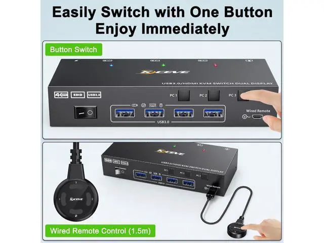 Alt view image 6 of 7 - AUTYUE 3 in 2 Out KVM Switch 2 Monitors 3 Computers 4K@60Hz, EDID Emulator, Dual Monitor HDMI KVM Switch for 3 Computers Share 2 Monitor and 4 USB 3.0 Devices, with Wired Remote and 12V Power Adapter