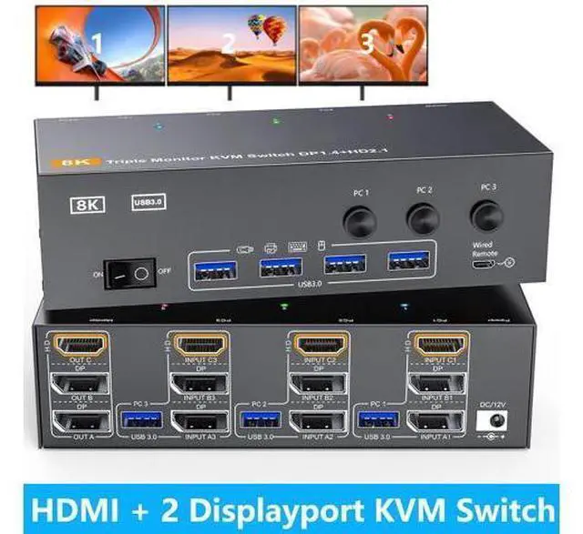 Main image of AUTYUE Triple Monitor HDMI+DP+DP KVM Switch 3 Monitors 3 Computers 4K@144Hz 8K@60Hz, 2 Displayport + HDMI USB 3.0 KVM Switches with 4 USB 3.0 Port, Wired Remote,Power Adapter & USB 3.0 Cables Included