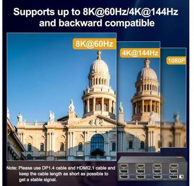 Alt view image 5 of 7 - AUTYUE Triple Monitor HDMI+DP+DP KVM Switch 3 Monitors 3 Computers 4K@144Hz 8K@60Hz, 2 Displayport + HDMI USB 3.0 KVM Switches with 4 USB 3.0 Port, Wired Remote,Power Adapter & USB 3.0 Cables Included