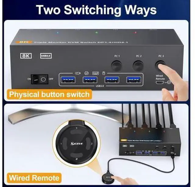 Alt view image 4 of 7 - AUTYUE Triple Monitor HDMI+DP+DP KVM Switch 3 Monitors 3 Computers 4K@144Hz 8K@60Hz, 2 Displayport + HDMI USB 3.0 KVM Switches with 4 USB 3.0 Port, Wired Remote,Power Adapter & USB 3.0 Cables Included