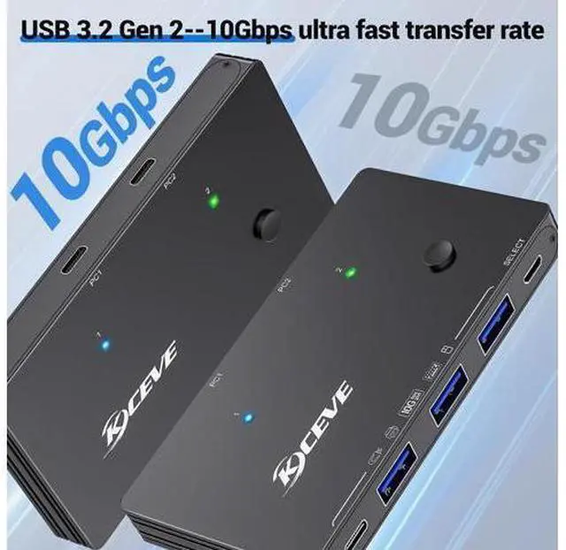 Alt view image 3 of 7 - AUTYUE 10Gbps USB Switch 2 Computers Share 4 USB 3.2 Gen 2 Ports, USB Switcher Selector for PC Laptop Keyboard Mouse Webcam Portable SSD, USB 3.2 Switch with 2 USB C Data Cables and Wired Remote