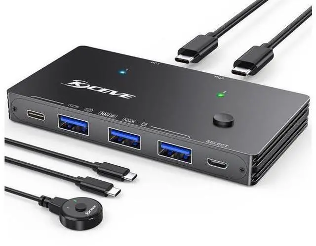 Main image of AUTYUE 10Gbps USB Switch 2 Computers Share 4 USB 3.2 Gen 2 Ports, USB Switcher Selector for PC Laptop Keyboard Mouse Webcam Portable SSD, USB 3.2 Switch with 2 USB C Data Cables and Wired Remote