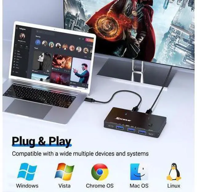 Alt view image 7 of 7 - AUTYUE 10Gbps USB Switch 2 Computers Share 4 USB 3.2 Gen 2 Ports, USB Switcher Selector for PC Laptop Keyboard Mouse Webcam Portable SSD, USB 3.2 Switch with 2 USB C Data Cables and Wired Remote