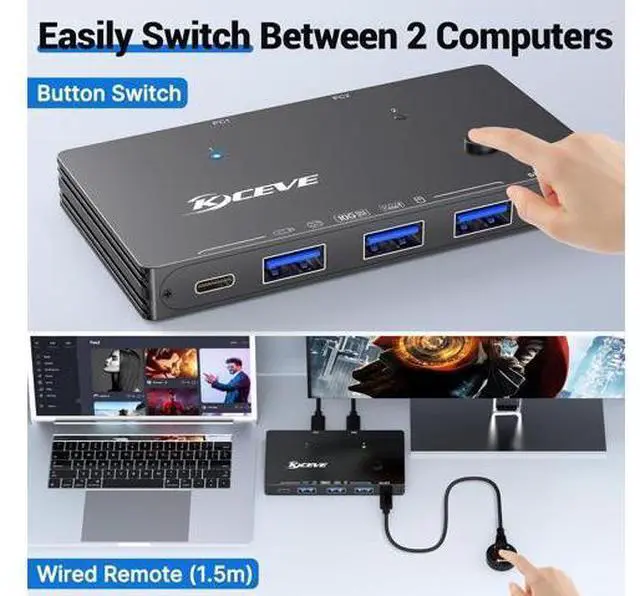 Alt view image 6 of 7 - AUTYUE 10Gbps USB Switch 2 Computers Share 4 USB 3.2 Gen 2 Ports, USB Switcher Selector for PC Laptop Keyboard Mouse Webcam Portable SSD, USB 3.2 Switch with 2 USB C Data Cables and Wired Remote