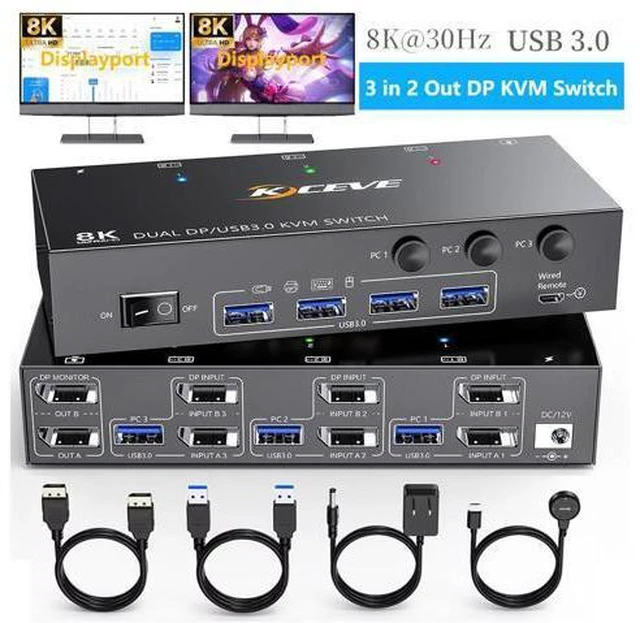 Main image of AUTYUE Displayport KVM Switch 2 Monitors 3 Computers 8K@60Hz 4K@144Hz, Dual Monitor KVM Switch Displayport 3 in 2 Out with 4 USB 3.0 Ports for USB Devices,Wired Remote and 12V Power Adapter Included
