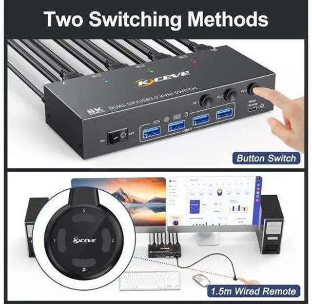 Alt view image 4 of 7 - AUTYUE Displayport KVM Switch 2 Monitors 3 Computers 8K@60Hz 4K@144Hz, Dual Monitor KVM Switch Displayport 3 in 2 Out with 4 USB 3.0 Ports for USB Devices,Wired Remote and 12V Power Adapter Included