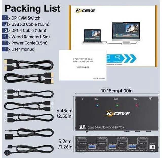 Alt view image 7 of 7 - AUTYUE Displayport KVM Switch 2 Monitors 3 Computers 8K@60Hz 4K@144Hz, Dual Monitor KVM Switch Displayport 3 in 2 Out with 4 USB 3.0 Ports for USB Devices,Wired Remote and 12V Power Adapter Included