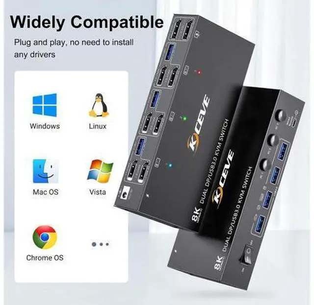 Alt view image 6 of 7 - AUTYUE Displayport KVM Switch 2 Monitors 3 Computers 8K@60Hz 4K@144Hz, Dual Monitor KVM Switch Displayport 3 in 2 Out with 4 USB 3.0 Ports for USB Devices,Wired Remote and 12V Power Adapter Included
