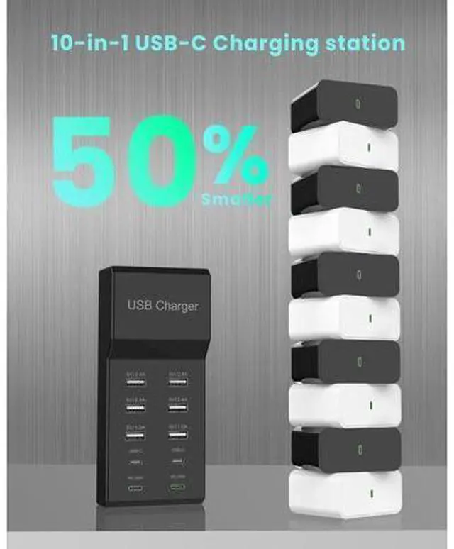 Alt view image 3 of 7 - USB C Fast Charger Station, 100W 10 Ports USB C Charging Station Hub Block Portable Wall Charger 4 USB-C & 6 USB-A Ports for i-P-hone 15 14 13 12 11 X 9 8 7 Pixel Note Galaxy Headphones Watch Tablet..