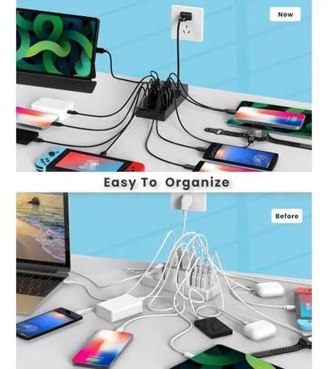 Alt view image 4 of 7 - USB C Fast Charger Station, 100W 10 Ports USB C Charging Station Hub Block Portable Wall Charger 4 USB-C & 6 USB-A Ports for i-P-hone 15 14 13 12 11 X 9 8 7 Pixel Note Galaxy Headphones Watch Tablet..