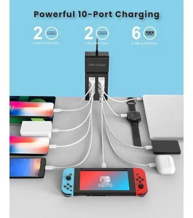 Alt view image 2 of 7 - USB C Fast Charger Station, 100W 10 Ports USB C Charging Station Hub Block Portable Wall Charger 4 USB-C & 6 USB-A Ports for i-P-hone 15 14 13 12 11 X 9 8 7 Pixel Note Galaxy Headphones Watch Tablet..