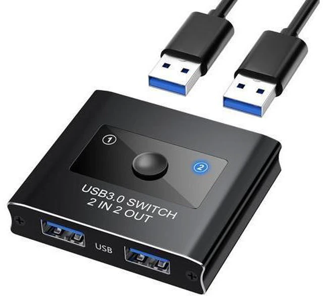 Main image of AUTYUE USB 3.0 Switch 2 in 2 Out, USB Switcher Selector for 2 Computers, Share Keyboard, Mouse, Printer, Scanner, KVM Switch Selector, Compatible with Windows, Mac, Linux, Includes 2 USB-A 3.0 Cables