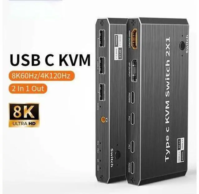 Main image of USB-C KVM Switch 2 in 1 Out (HDMI or DP Out), 2 Port Type-C KVM Switch, USB-C KVM with 4 USB 2.0 Port Support 8K@60Hz, 100W PD Fast Charging, 2 PC Share Mouse, Keyboard and DisplayPort/HDMI Monitor