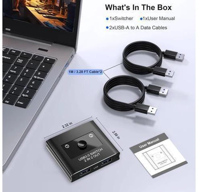 Alt view image 7 of 7 - AUTYUE USB 3.0 Switch 2 in 2 Out, USB Switcher Selector for 2 Computers, Share Keyboard, Mouse, Printer, Scanner, KVM Switch Selector, Compatible with Windows, Mac, Linux, Includes 2 USB-A 3.0 Cables