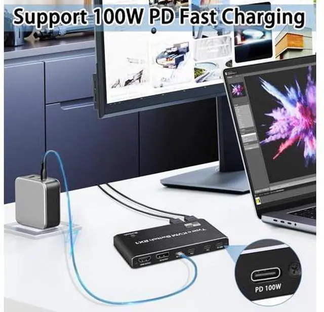 Alt view image 4 of 7 - USB-C KVM Switch 2 in 1 Out (HDMI or DP Out), 2 Port Type-C KVM Switch, USB-C KVM with 4 USB 2.0 Port Support 8K@60Hz, 100W PD Fast Charging, 2 PC Share Mouse, Keyboard and DisplayPort/HDMI Monitor