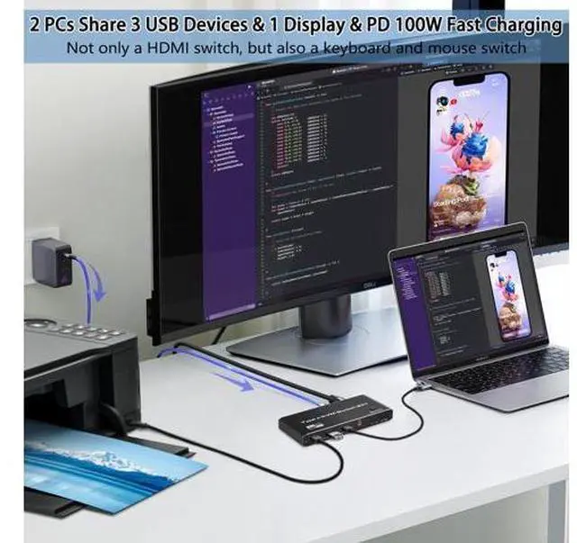 Alt view image 3 of 7 - USB-C KVM Switch 2 in 1 Out (HDMI or DP Out), 2 Port Type-C KVM Switch, USB-C KVM with 4 USB 2.0 Port Support 8K@60Hz, 100W PD Fast Charging, 2 PC Share Mouse, Keyboard and DisplayPort/HDMI Monitor