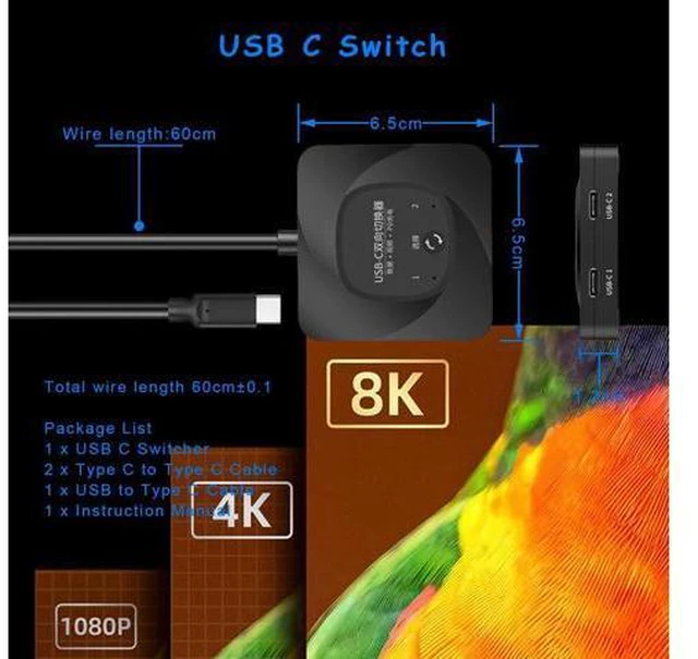 Alt view image 2 of 7 - USB C Switch, 8K 60Hz 2 in 1 Out/1 in 2 Out Bi Directional USB3.1 Type C Data Transfer Splitter, 10Gbps Data Transfer PD 100W Power Delivery Share Monitor Switch Selector with Power Indicator for PCs