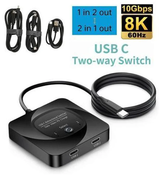 Main image of USB C Switch, 8K 60Hz 2 in 1 Out/1 in 2 Out Bi Directional USB3.1 Type C Data Transfer Splitter, 10Gbps Data Transfer PD 100W Power Delivery Share Monitor Switch Selector with Power Indicator for PCs