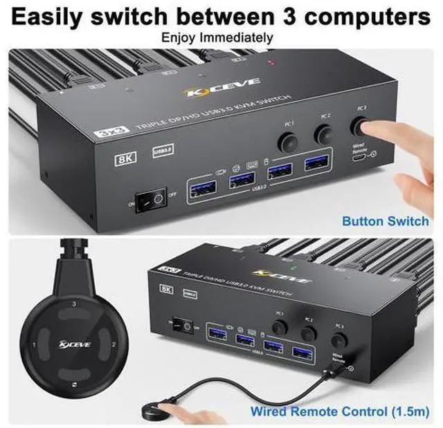 Alt view image 5 of 7 - AUTYUE KVM Switch 3 Monitors 3 Computers 8K@60Hz 4K@144Hz, HDMI + 2 Displayport KVM Switch Triple Monitor for 3 Computer Share 3 Monitors and 4 USB3.0 Devices, with Wired Remote and 12V power Adapter