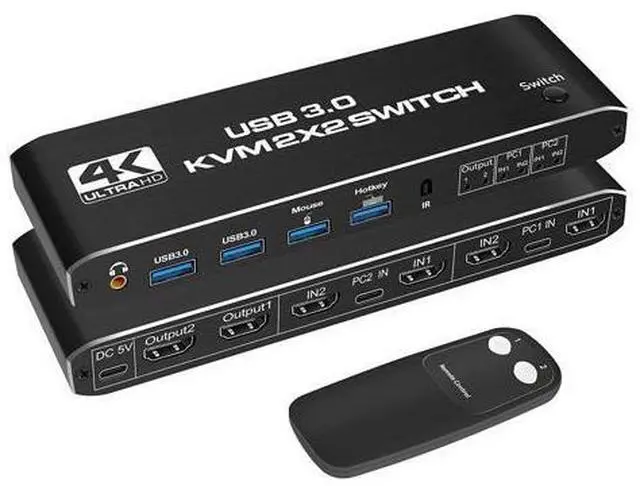 Main image of 2x2 USB 3.0 KVM Switch 2 Monitors 2 Computers 2 in 2 Out, 2 Port Dual Monitor HDMI KVM switches with Audio, Keyboard Video Mouse Peripherals KVM Switch Support UHD 4K @60Hz, USB 3.0 Hub, Hotkey